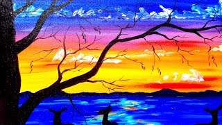 acrylic sunset beginners painting silhouette deer tutorial lake