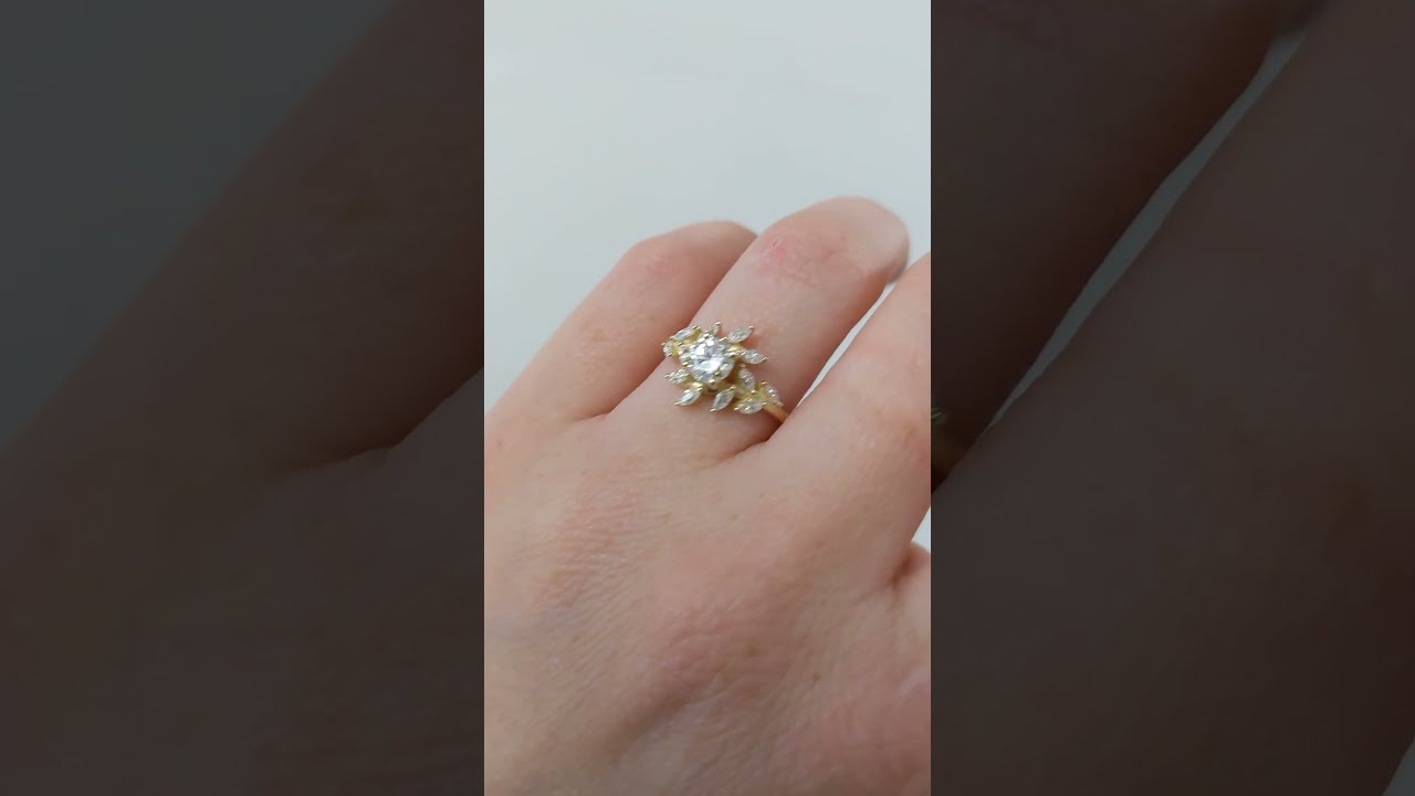 Vintage Lab Diamond Engagement Ring Real Gold Cluster Band Unique Leaf Engagement Round Cut Ring
