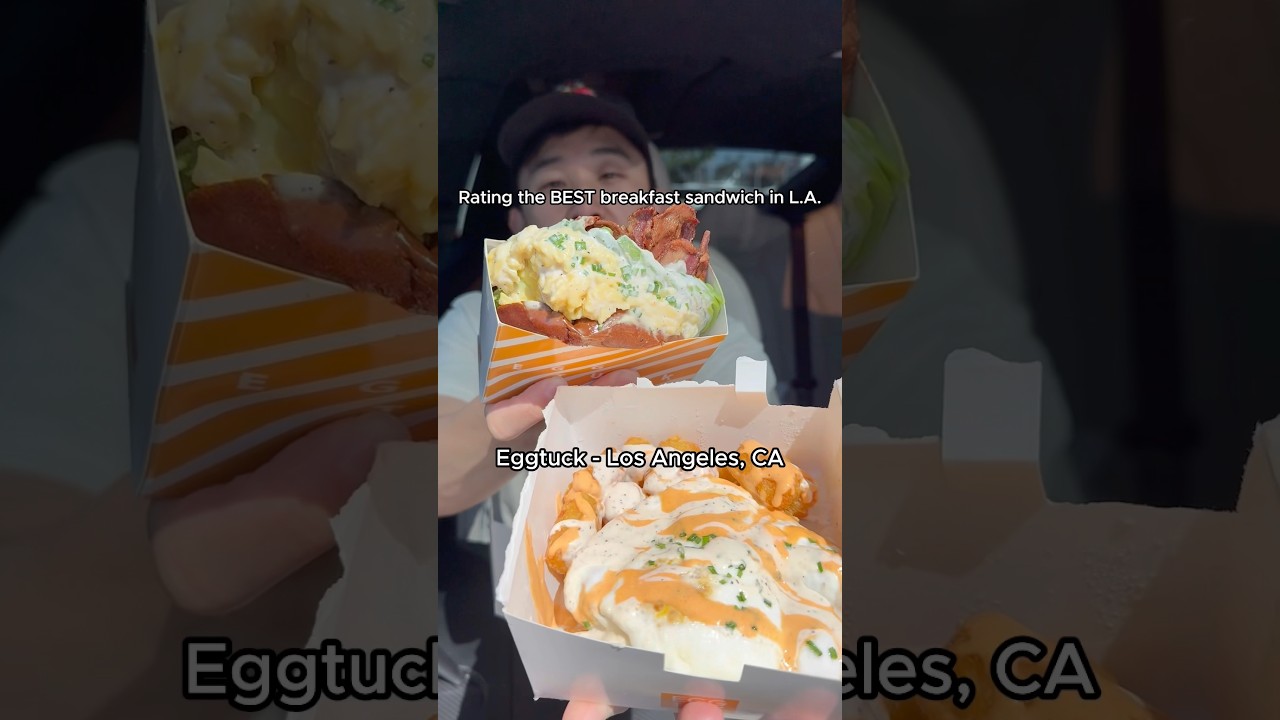 Rating a breakfast sandwich at Eggtuck in Los Angeles, CA
