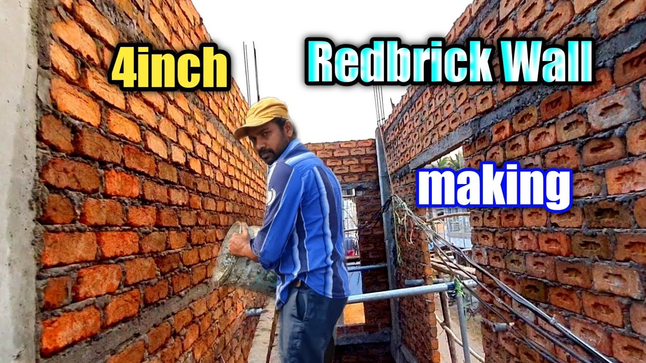 4 inch red brick wall making house construction // using by sand and ...