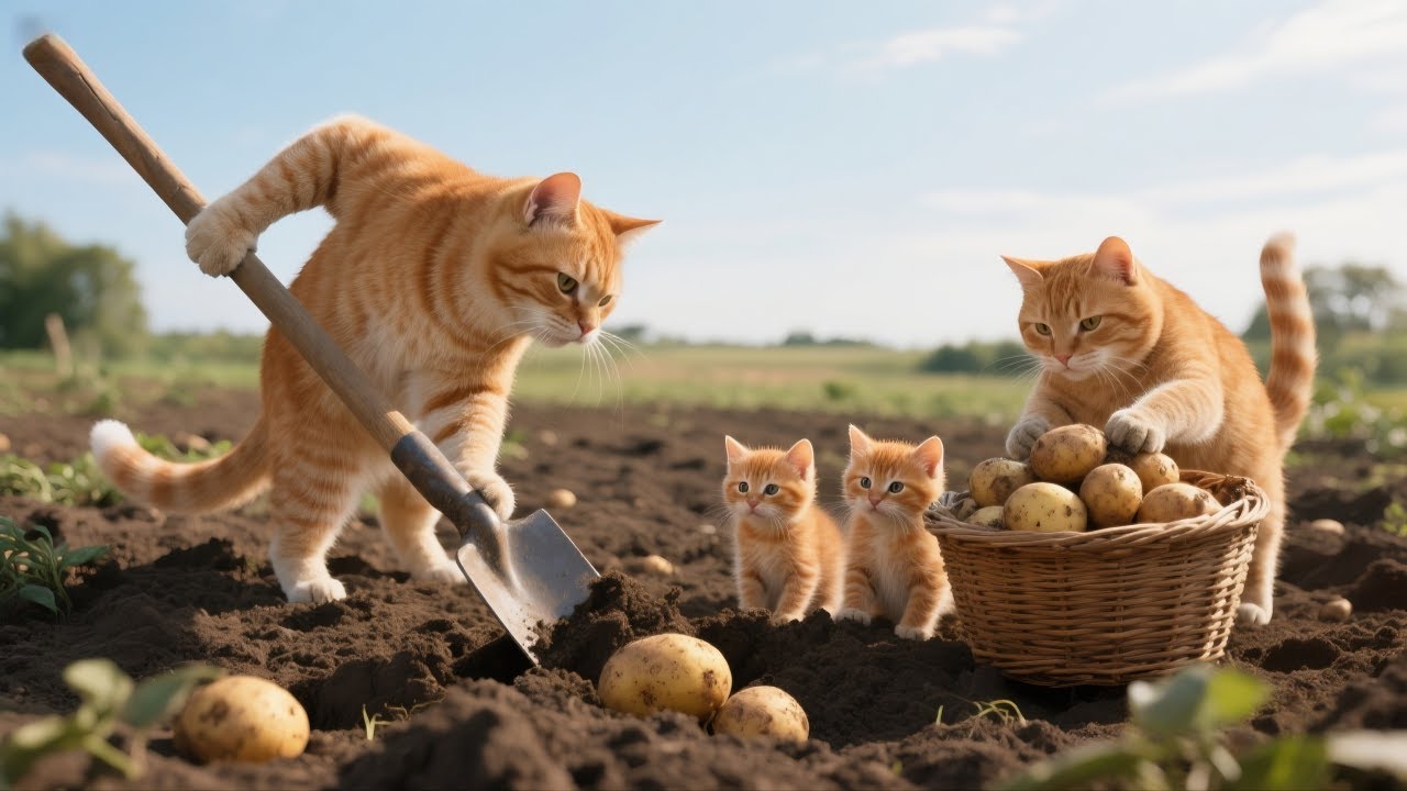 The cat family harvested potatoes and took them home to cook delicious food.