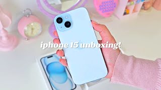 iphone 15 (blue) aesthetic unboxing💜 cute accessories +  blue set up!💜