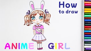 How to Draw an Anime / Chibi Girl in a School Skirt and Buns Easy