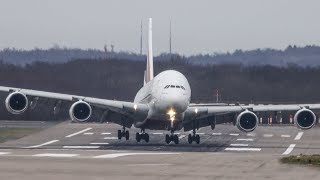 STORM CIARA - AIRBUS A380 Crosswind Landing during a storm at Düsseldorf (4K)