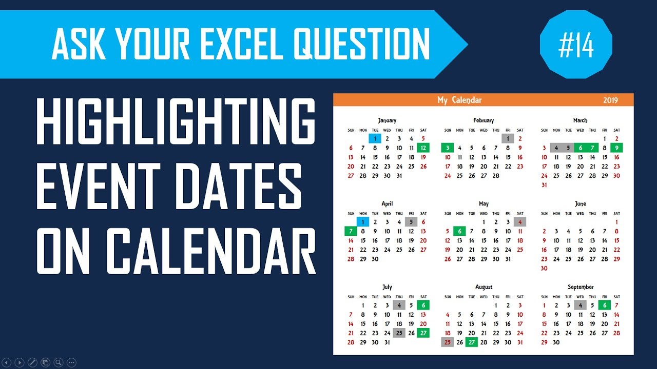 Highlight events, weekends and holidays on calendar in Excel YouTube