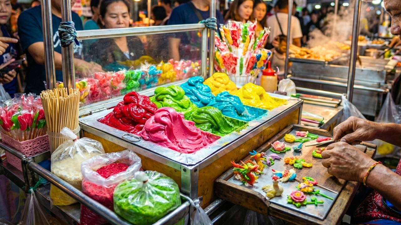 หาดูยาก! ปรมาจารย์น้ำตาลปั้นโบราณ สกิลเทพ เด็กมุงเต็มร้าน! - ตลาดนัดคลองถมตลาดไท