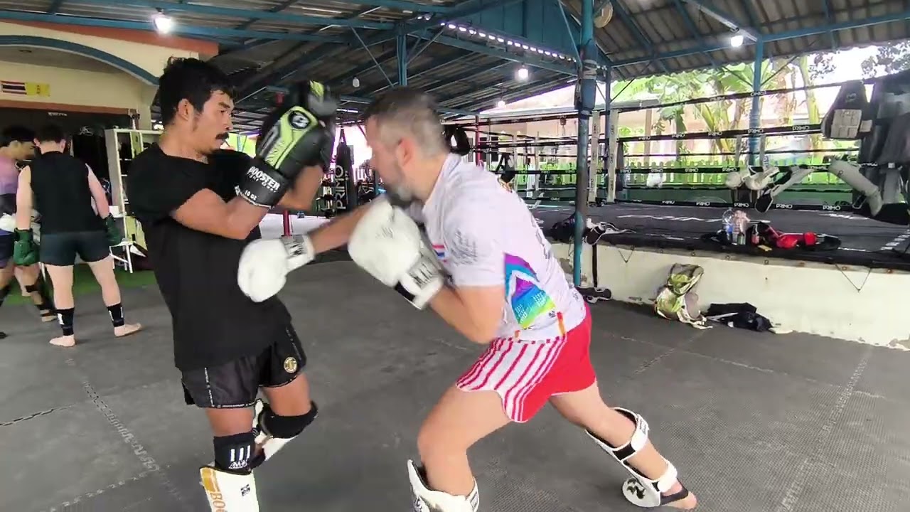 Filip spar with Kru Chalarmphet at Sitjaopho Muay Thai Hua Hin Thailand 