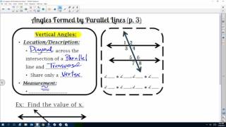 Algebra and Angles form by Parallel Lines Notes
