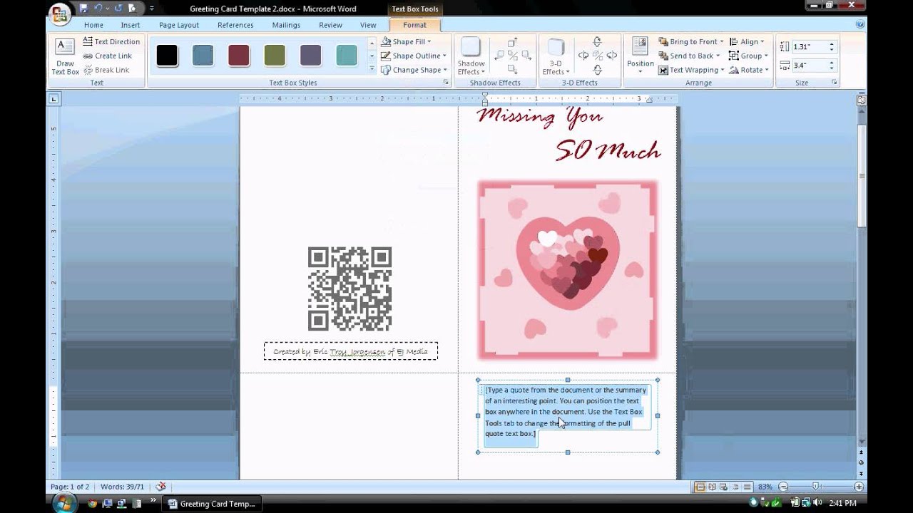 MS Word Tutorial (PART 21) - Greeting Card Template, Inserting and  Formatting Text, Rotating Text With Half Fold Greeting Card Template Word