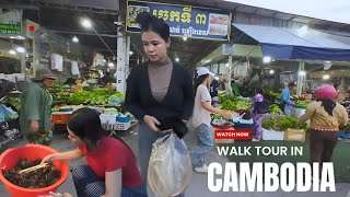 Hidden popular place | Walking Tour in Phnom Penh | Russey Keo Thmey market &amp; Street food scene 