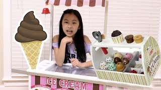 Pretend Play Selling WOODEN Ice Cream at Her Toy Cart Store