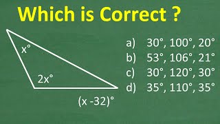 3 angles in a triangle are x, 2x and (x - 32) degrees – what are the actual angles in degrees?