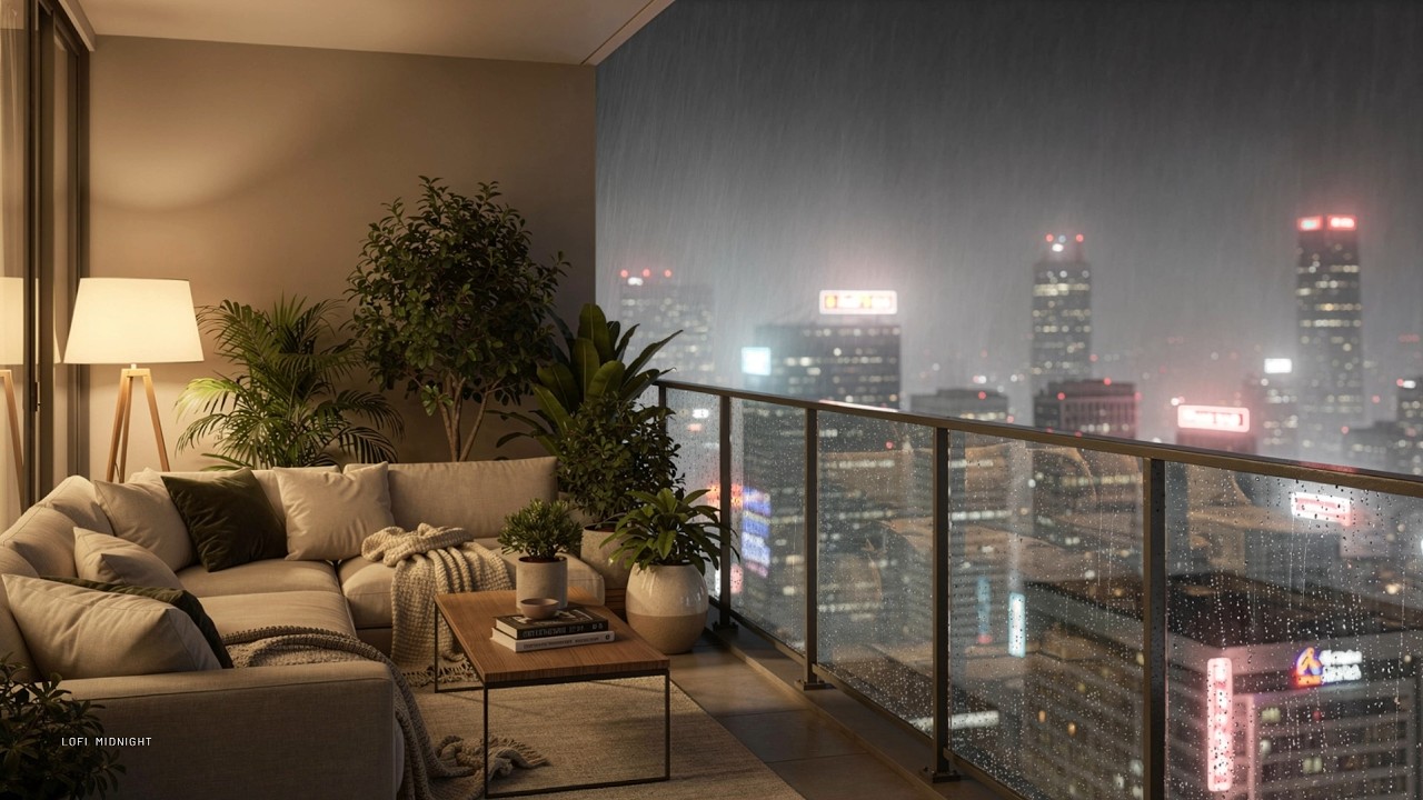 Rainy Night Balcony ☔ Cozy Lofi Beats to Study, Relax & Sleep | City Night Ambience