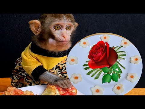Cute monkey eating a plate of artistic fruit Very Delicious