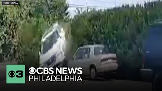 SUV caught on camera airborne and damaging car then drives away in East Brandywine