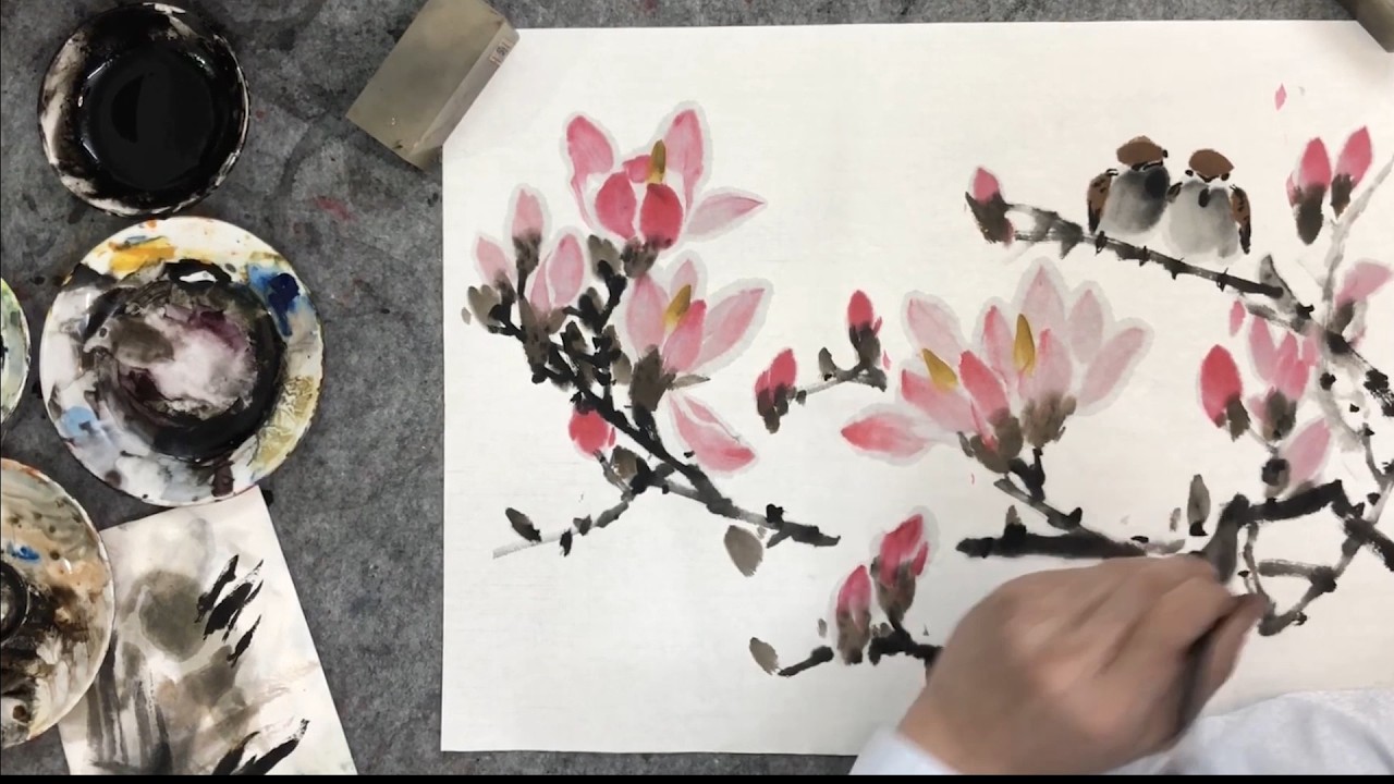 Chinese Brush Painting Tutorial | Pink Magnolias and Sparrows