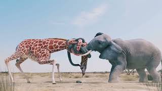 Elephant vs Giraffe Water Fight