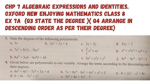 Chp 7 Algebraic Expressions and Identities. Ex 7A ( Q3 and Q4). Class 8. Oxford Mathematics