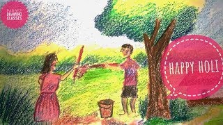 How To Draw Holi Scenery India Spring Festival - By Parbez Drawing Classes