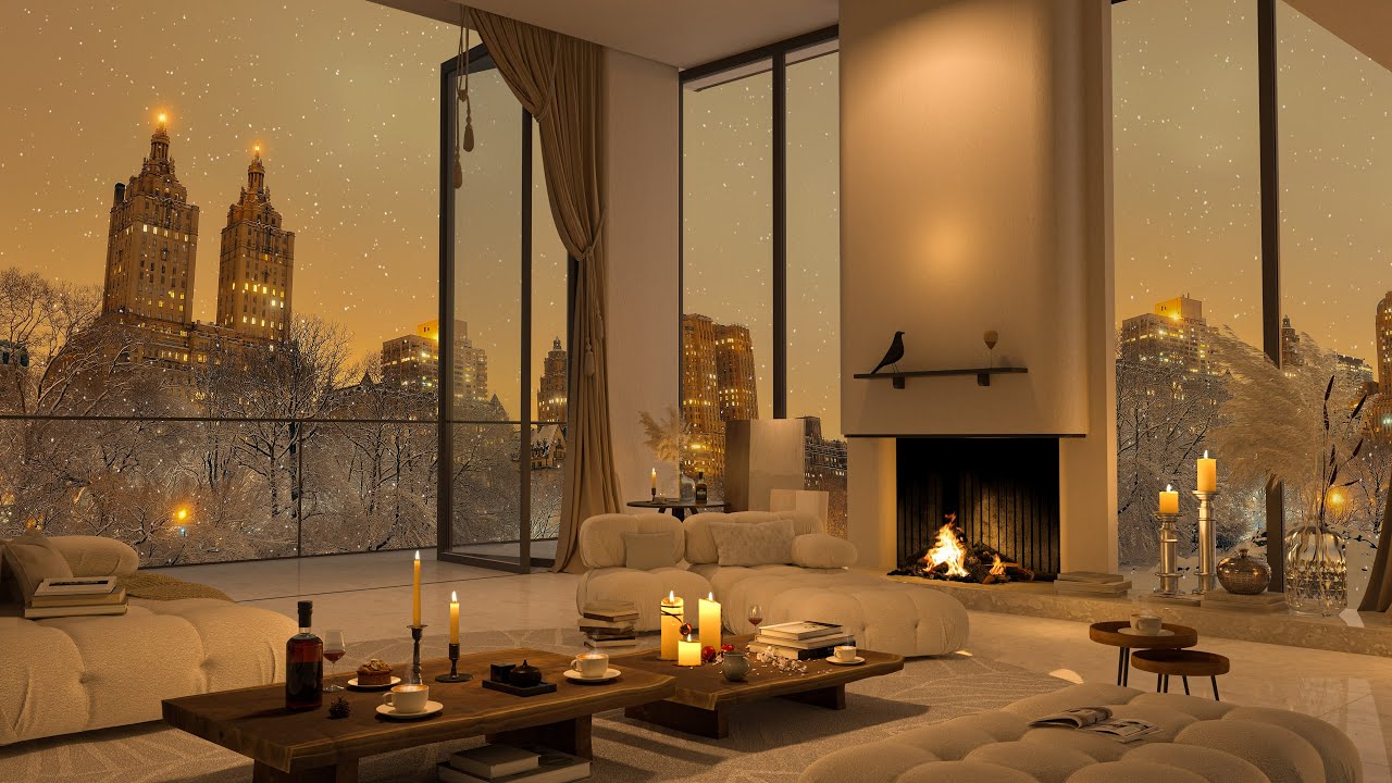 4K First Snow Jazz Escape - Luxurious Living Room with Serene Snowfall and Calming Music ❄️🎼