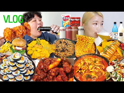 먹방 브이로그 | <strong>스팸김밥</strong> 10줄 싸먹기🥕 처갓집양념치킨 낙지불고기 갱시기죽 버터맥주 수제햄버거 멕시칸타코 모둠전 막걸리 샐러드빵 압구정맛집 Mukbang VLOG