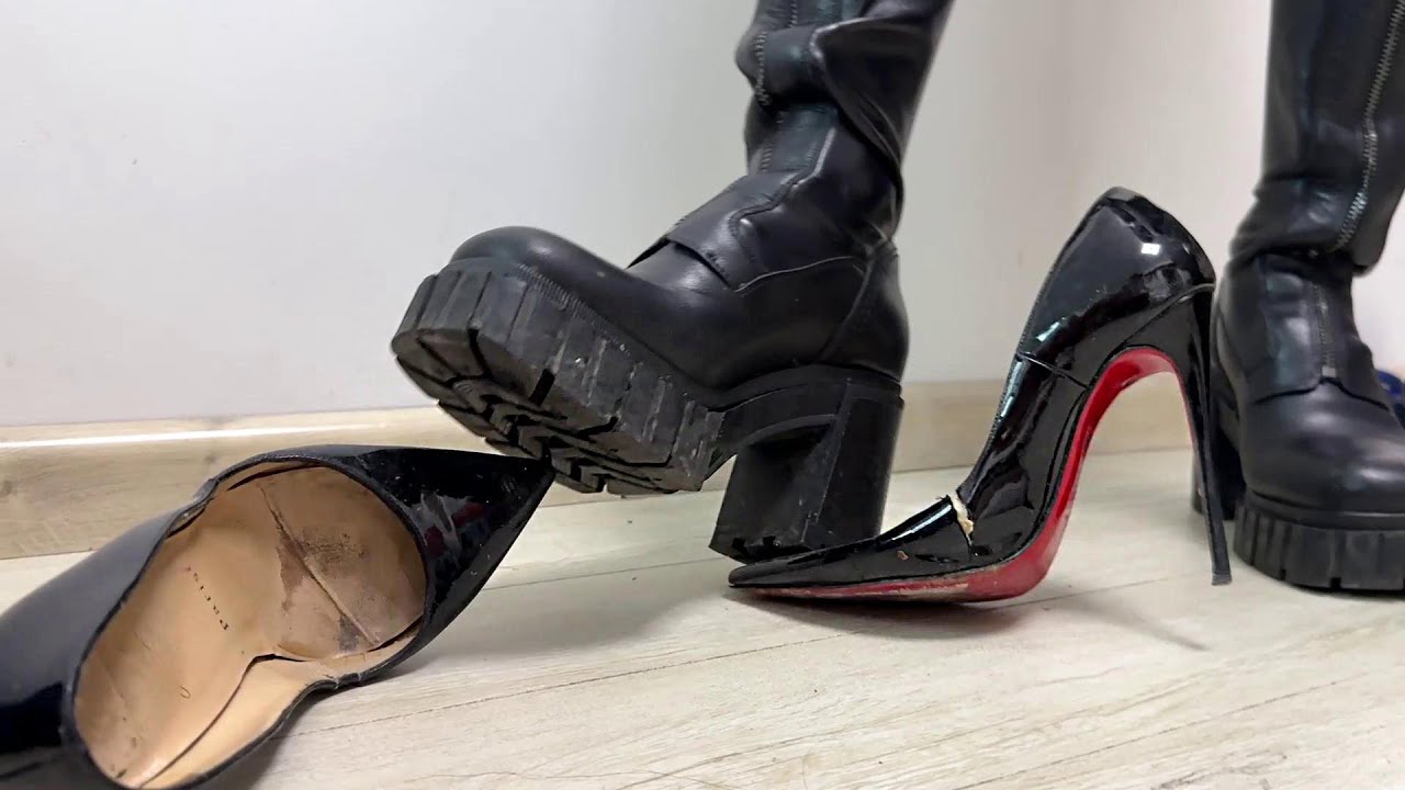 Boots crushing Louboutins, high heels destruction, wrecked Louboutins, Stomping high heels (# 1635)