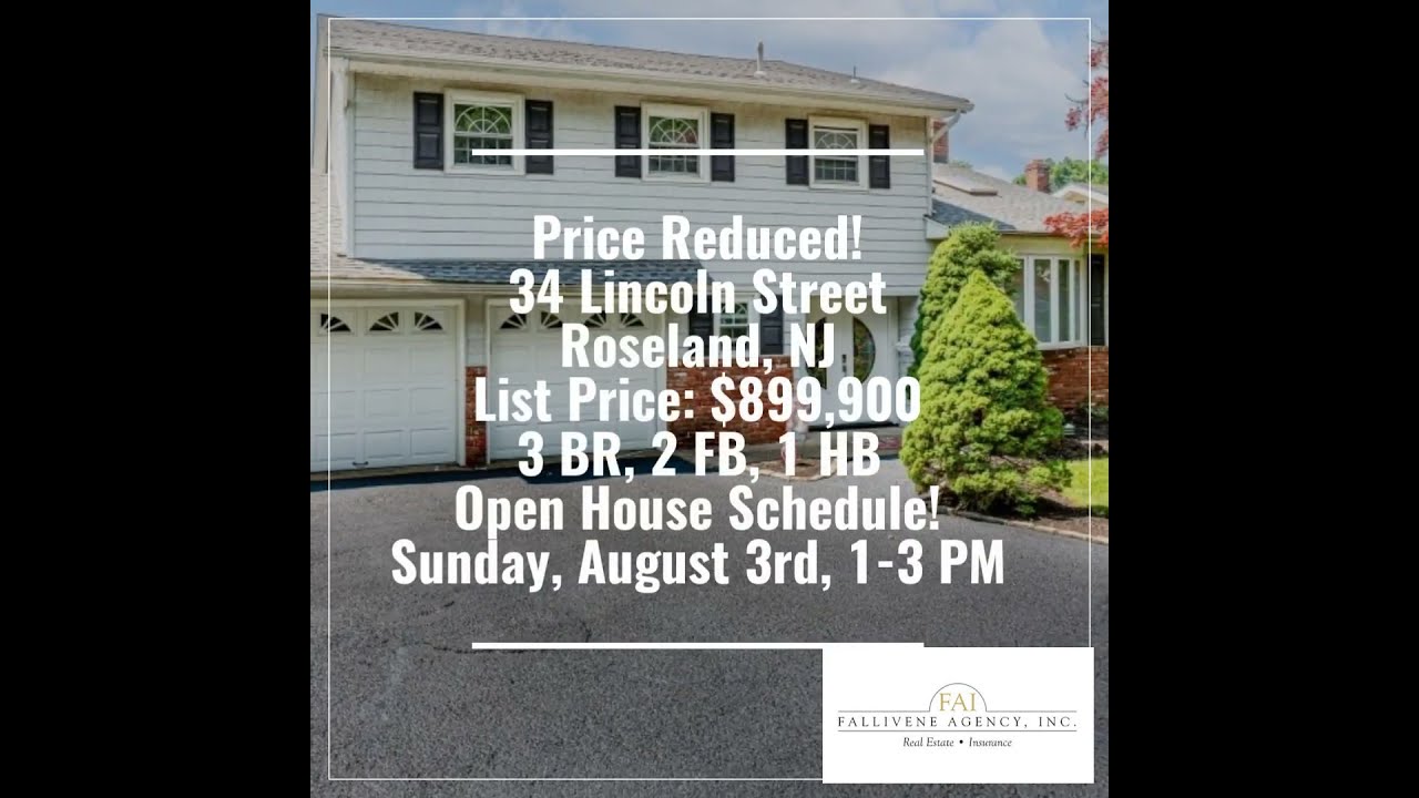 Price Reduced 34 Lincoln Street Roseland NJ List 899 900 3 BR 2 FB 1 HB Open House Sche 