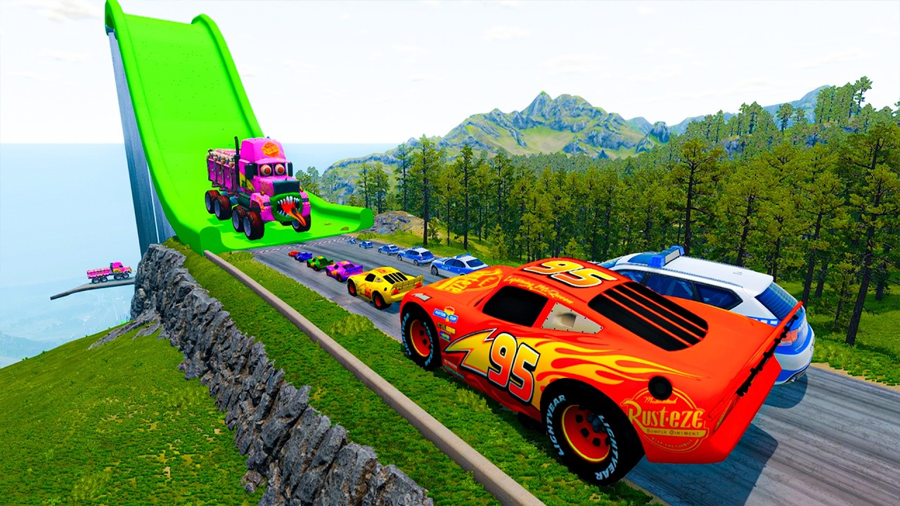 Big & Small McQueen Police One Saw Monster Wheels Vs Train | BeamNG.Drive