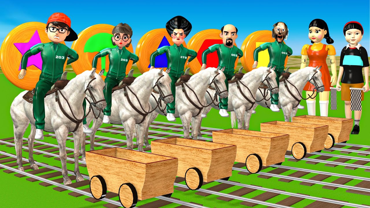 Игра Scary Teacher 3D vs Squid: Верховая езда через барьеры. Разблокируйте Dalgona Candy. Испытан...