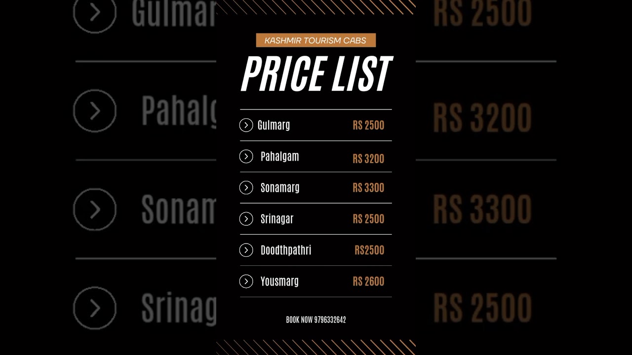 kashmir Taxi price list. Kashmir Tourism Cabs. 2025 cab service rate list Book now