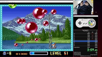 Speedrun 5m 31s, Super Pang SNES, Panic Mode, no death, Super Buster Bros, Super Nintendo