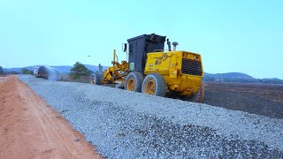 Incredible Process Team Work Foundation Road Construction Using Grader, Road Roller Spreading Gravel