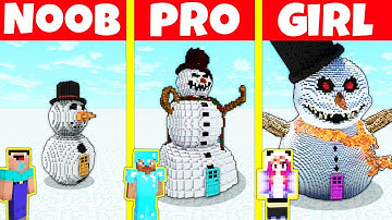 Minecraft Battle: NOOB vs PRO vs GIRL: SNOWMAN HOUSE BUILD HOUSE CHALLENGE / Minecraft Animation