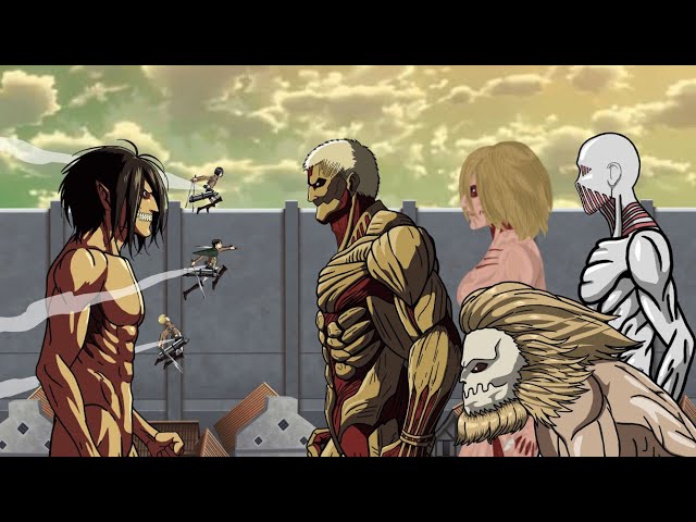 Eren, Levi, Mikasa, Armin vs Armored Titan, Female Titan, Jaw Titan, Warhammer Titan-Attack on Titan class=