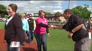 Cancer survivors throw first pitches at Loggers event