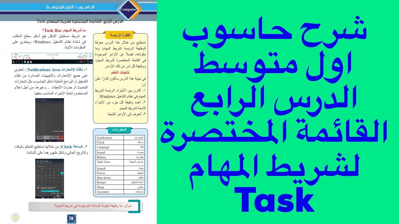 شرح حاسوب اول متوسط الدرس الرابع القائمة المختصرة لشريط المهام Task