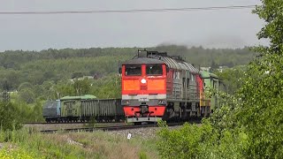 Тепловозы 2ТЭ116-1200 и ЧМЭ3-3010 с грузовым поездом.