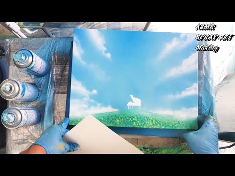 【ASMR】音を楽しむ スプレーアート制作風景 ピアノとクローバー畑 SPRAY ART Making