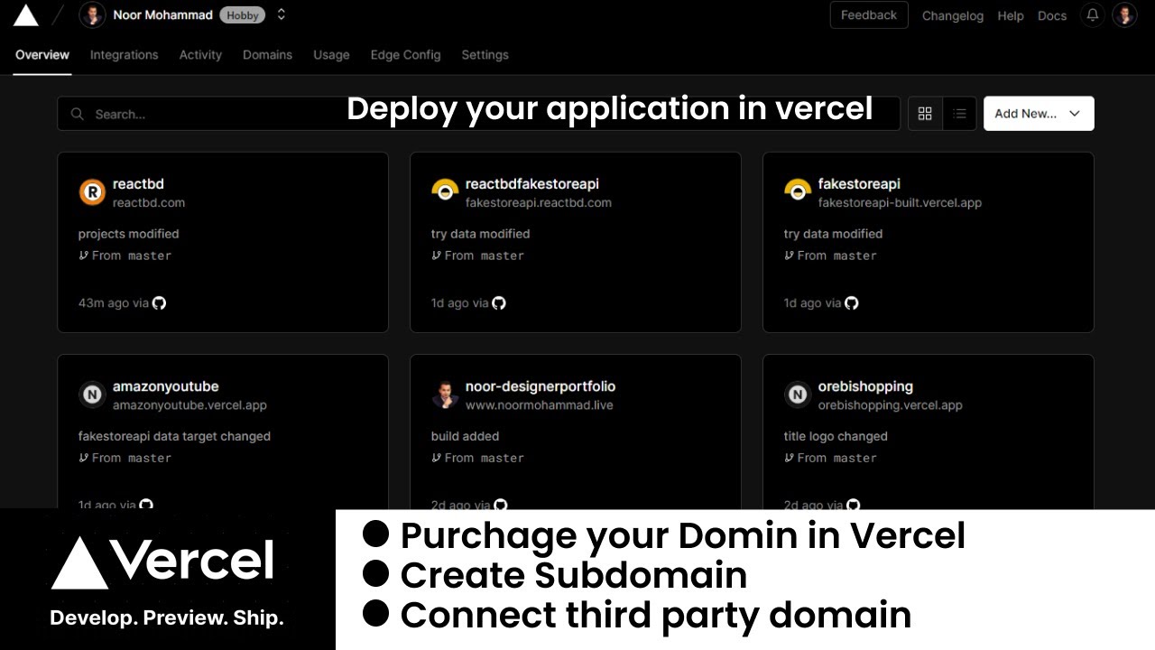 How to Purchase Domain in Vercel,  Create subdomain, and Connect with Third-Party Domains.
