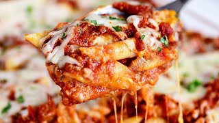 This family recipe for three cheese baked mostaccioli is a wonderful
cheesy pasta dish the whole will be asking again and again! it's also
great...
