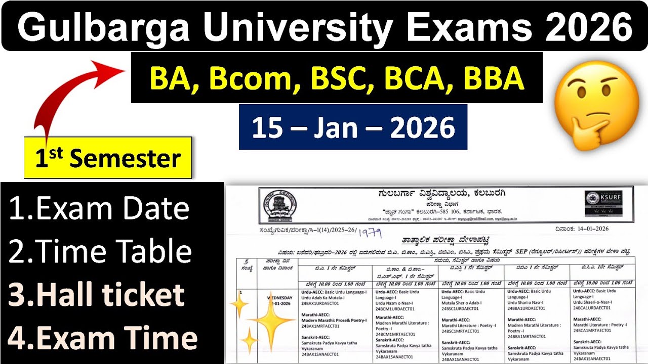 BCA BBA BSC BA Bcom Gulbarga University 1st Sem Exam Timetable Hall ticket Exam time January 2026