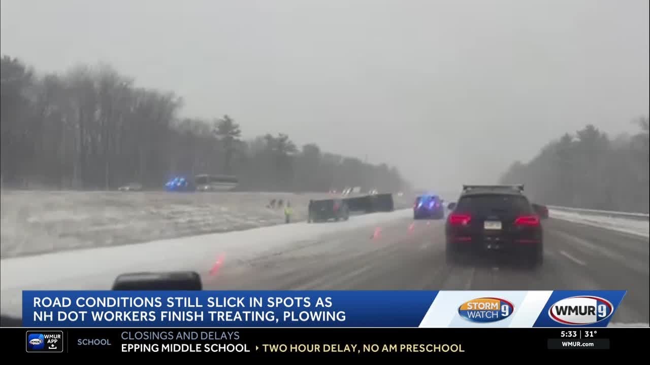 NH road conditions still slick, in spots, as plow crews finish treating roads