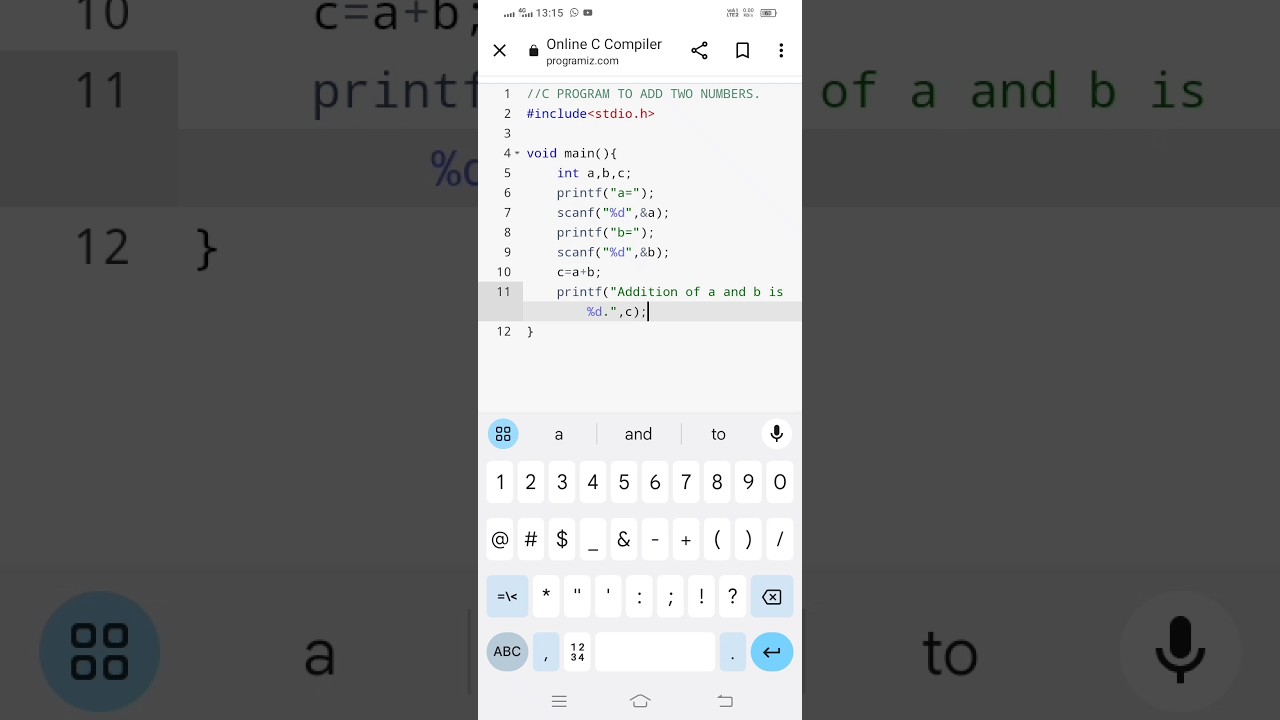 C PROGRAM TO ADD TWO NUMBERS. #c_program #addition #ArithmeticOperator #onlineccompiler #coding