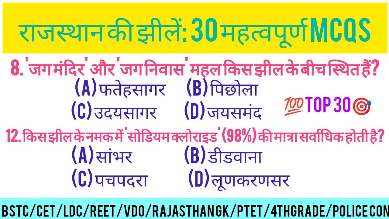 राजस्थान की झीलें:30 महत्वपूर्ण MCQ💯Top 30🎯|#Rajasthangk #GK #reet #patwar #rpsc #rssb #vdo #top30gk