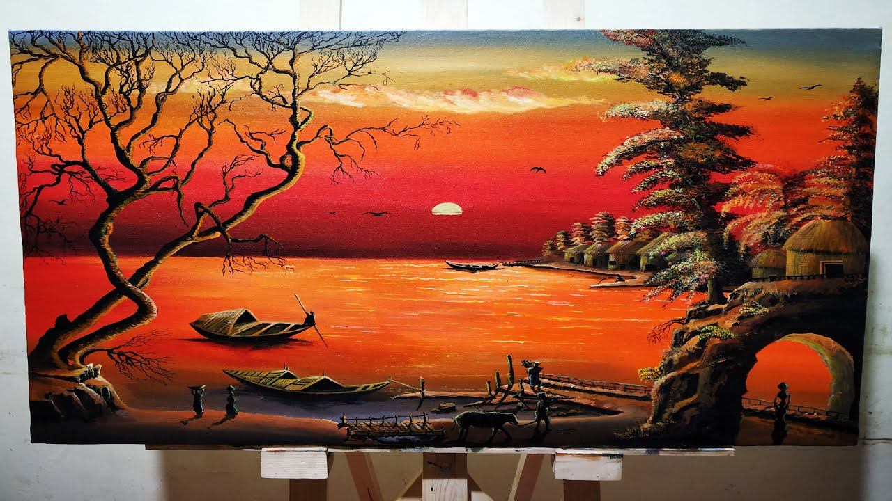 village sunset acrylic color landscape painting Simple painting for