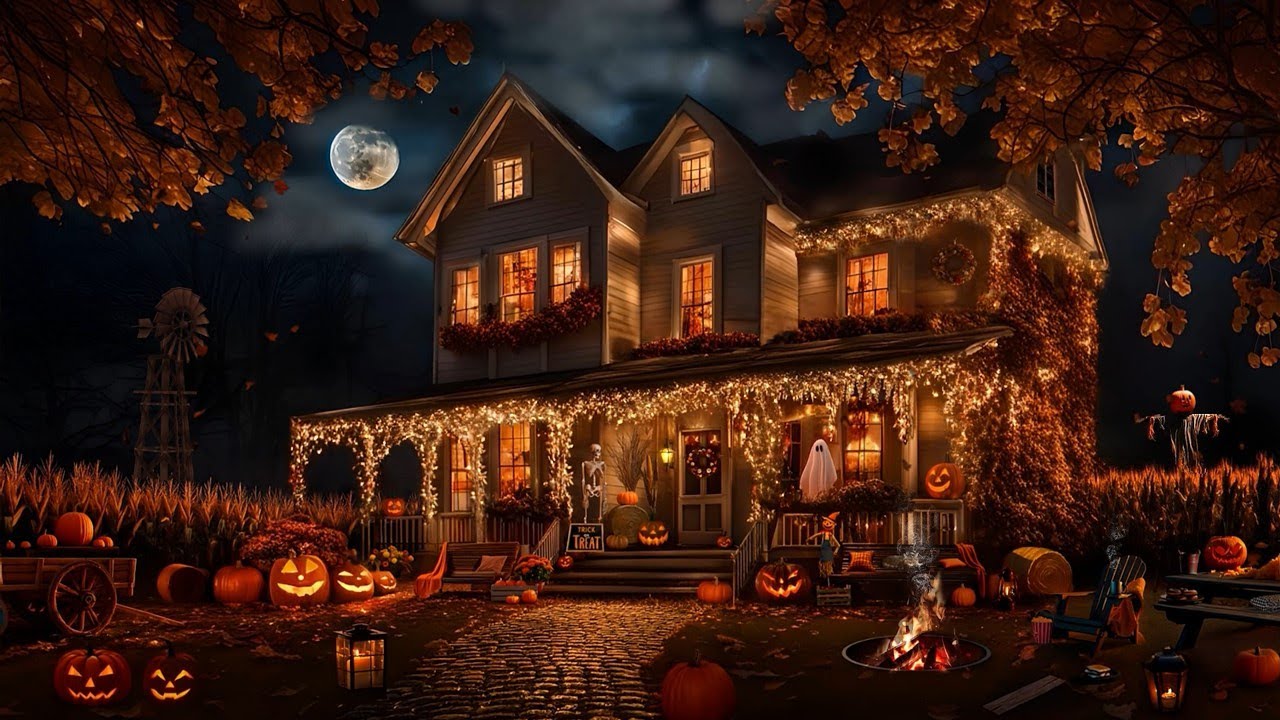 RUSTIC AUTUMN FARMHOUSE-HALLOWEEN AMBIENCE-FALLING LEAVES-WINDMILL-SCARECROWS-GHOSTS-JACK O LANTERNS