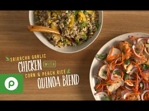 Sriracha Garlic Chicken with Corn and Peach Rice Quinoa Blend. A Publix Aprons recipe.