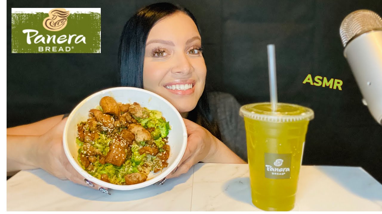 ASMR Panera Bread Teriyaki Chicken Broccoli Bowl, Passion Papaya Green