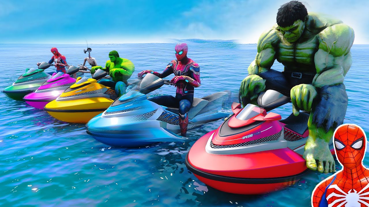 SpiderMan Jet Ski Watercraft Race Challenge With Superhereos - GTA 5 MODS