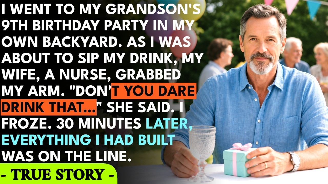 My grandson blew out his nine birthday candles, and the whole backyard cheered. I raised my plastic cup to join the toast, but my wife grabbed my wrist, pulled the drink out of my hand, and...